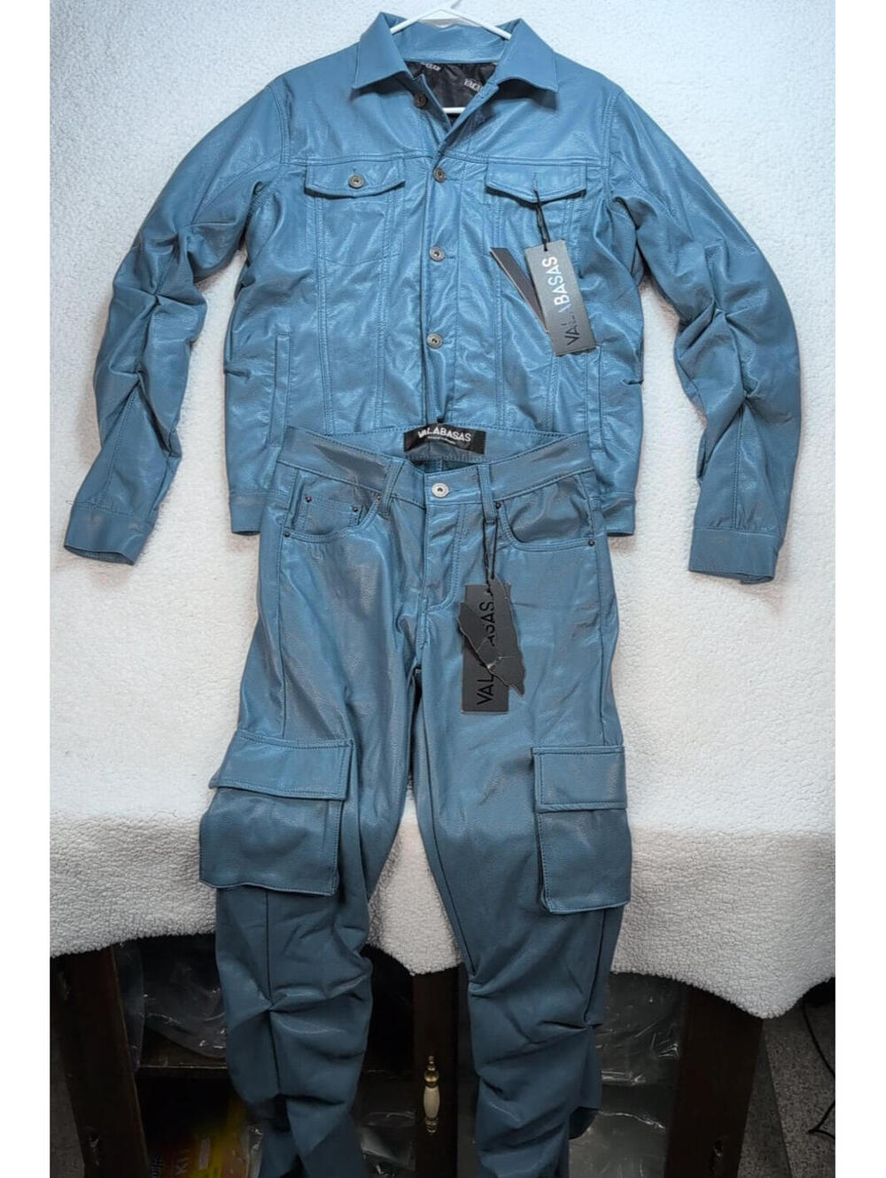 Valabasas Tracksuit Mens Blue Vegan Leather Jacket Small Pants 29x36 Streetwear